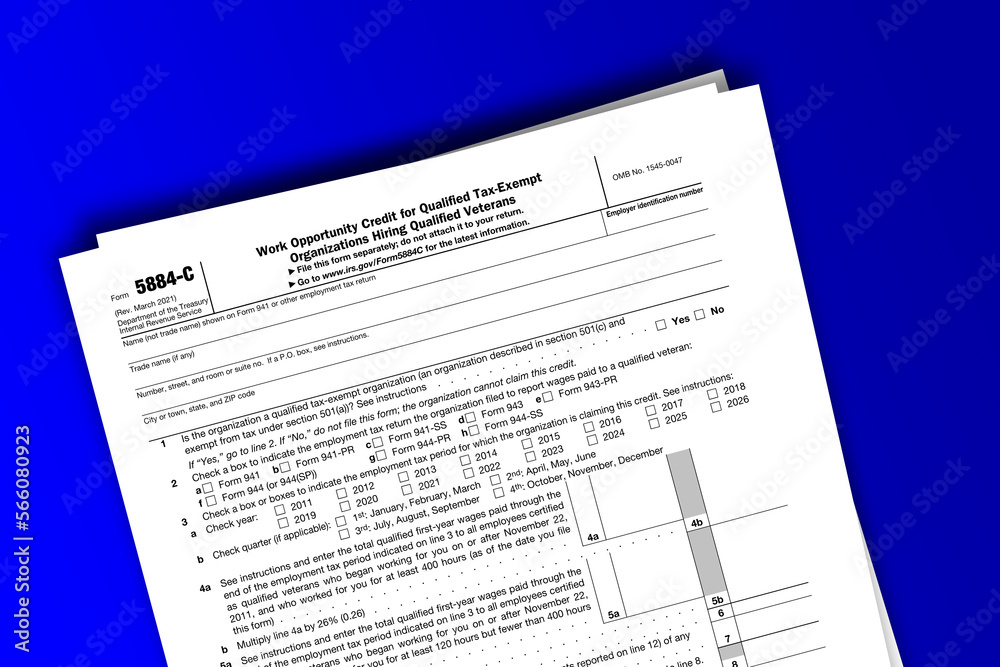 Form 5884-C documentation published IRS USA 44200. American tax document on colored Form 5884-C documentation published IRS USA 44200. American tax document on colored