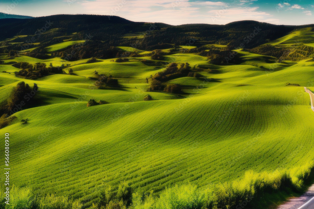 Landscape countryside with green grass field, and cloudy sky