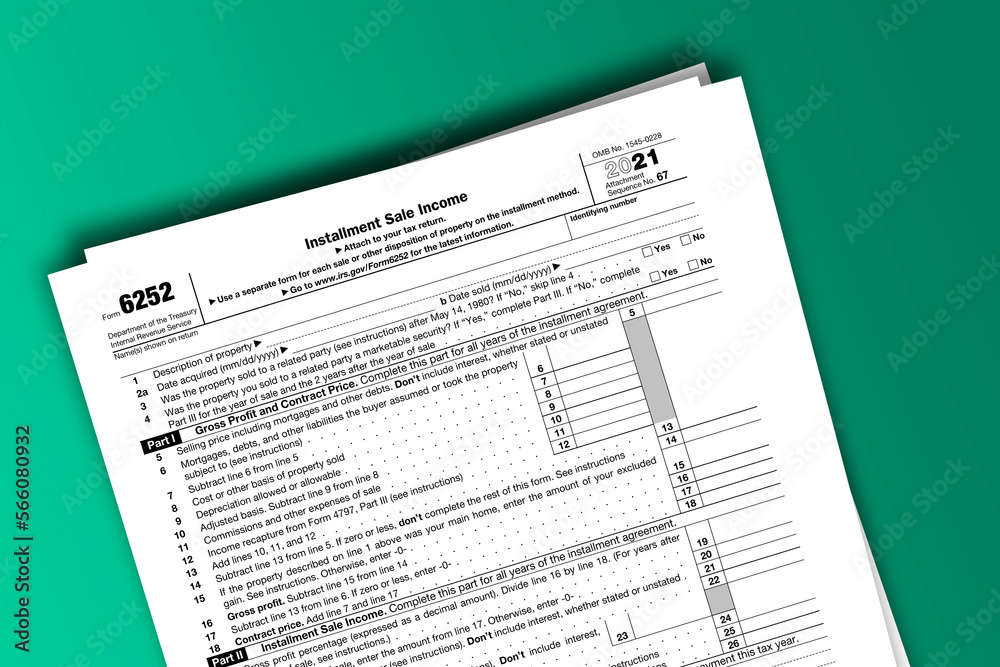 Form 6252 documentation published IRS USA 44266. American tax document on colored Form 6252 documentation published IRS USA 44266. American tax document on colored