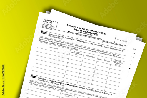 Form 1065 (Schedule B-1) documentation published IRS USA 43810. American tax document on colored
