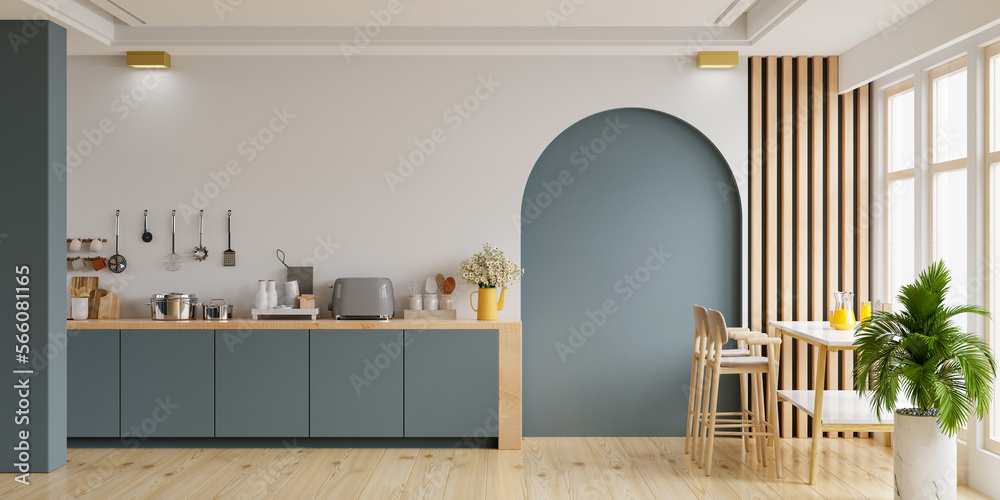 Modern style kitchen interior design with dark blue wall,dining room ...