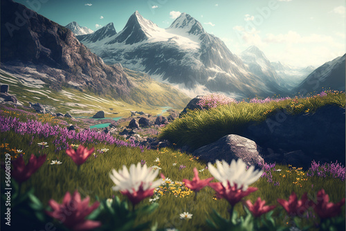 Idyllic mountain landscape in the Alps with blooming