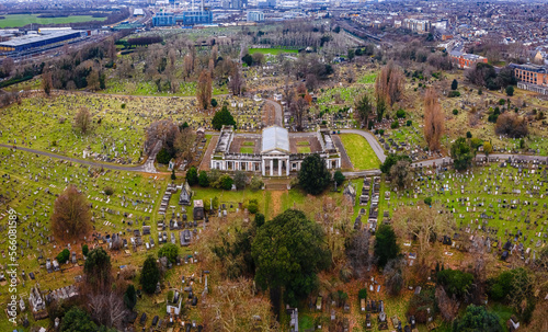 Aerial view of St Mary's Catholic Cemetery, located on Harrow Road, Kensal Green in North West London, UK photo