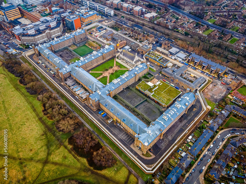 The aerial view of HM Prison Wormwood Scrubs, a Category B men's local prison, located in Hammersmith, London