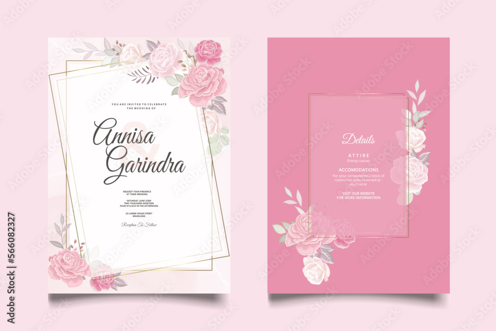   romantic pink flower Wedding invitation card template set with beautiful  floral leaves Premium Vector