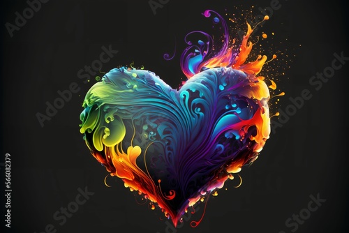 Colorful heart with spray of paint and fllames