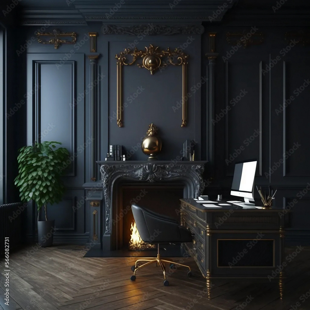 luxury modern office with fireplace, black walls and gold trim,large ...