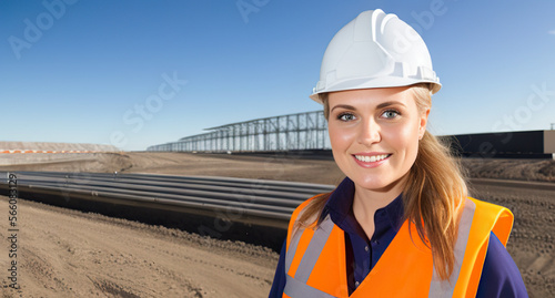 portrait of a danish  female civil engineer outside sunny hardhat construction vest generative ai