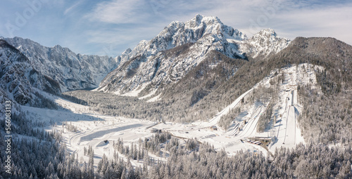 Ski Jump in Planica near Kranjska Gora Slovenia at winter. Aerial Panorama photo