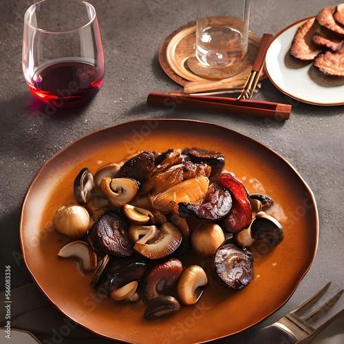 A plate of coq au vin with red wine, bacon and mushrooms1, Generative AI photo