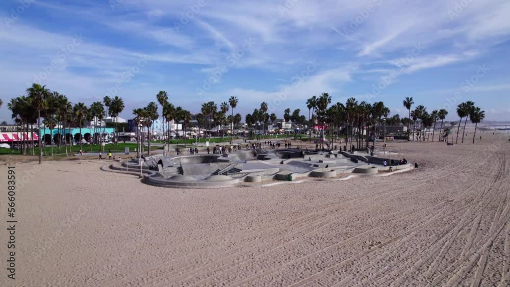 Drone orbits famous skate park at Venice Beach, California. Drone orbits famous skate park at Venice Beach, California.