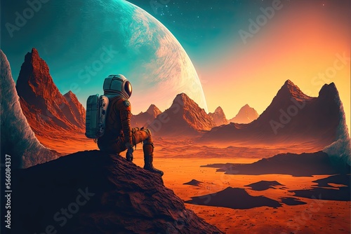 Astronaut in awe of the breathtaking scenery on a new planet. - AI Generated