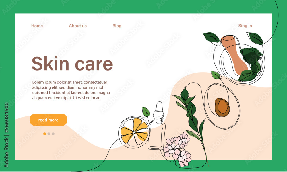 Skin care concept. Landing page template. Morning routine. Bath time. Organic products for scrubbing and body skin care with natural herbal skin care products, top view. Vector illustration