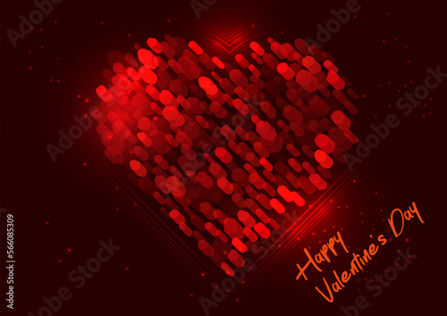 Abstract bright red heart shape made of dots on dark red background with sparks, retro neon style, for Happy Valentine's Day postcard, vector illustration