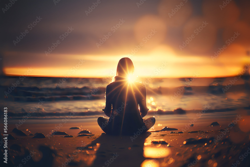 A woman meditating in the lotus position in a beach in sunset. Yoga. Blurred background. Generative AI. - obrazy, fototapety, plakaty 