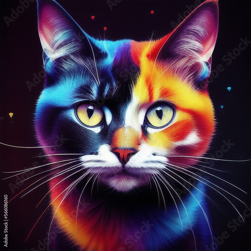 a colorful cat with a black background and a splash of paint on back side, great print for fabric and t-shorts, digital art, ai generated 