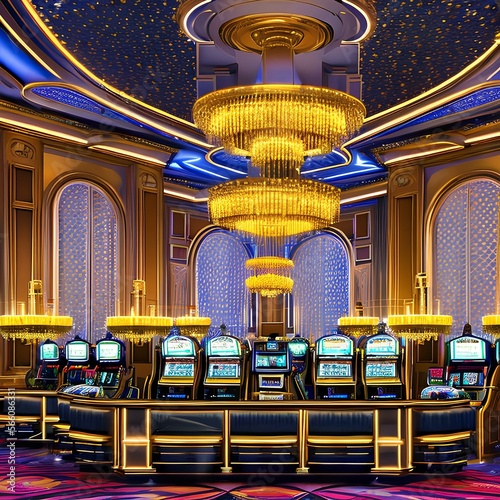 An Art Deco inspired casino with glamorous chandeliers and geometric patterns2, Generative AI photo