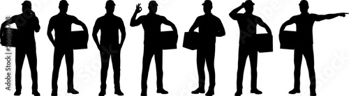 Set of hand-drawn warehouse workers with the package. Delivery guy is holding a cardboard box worker in different poses. Vector flat style illustration isolated on white. Full-length view	