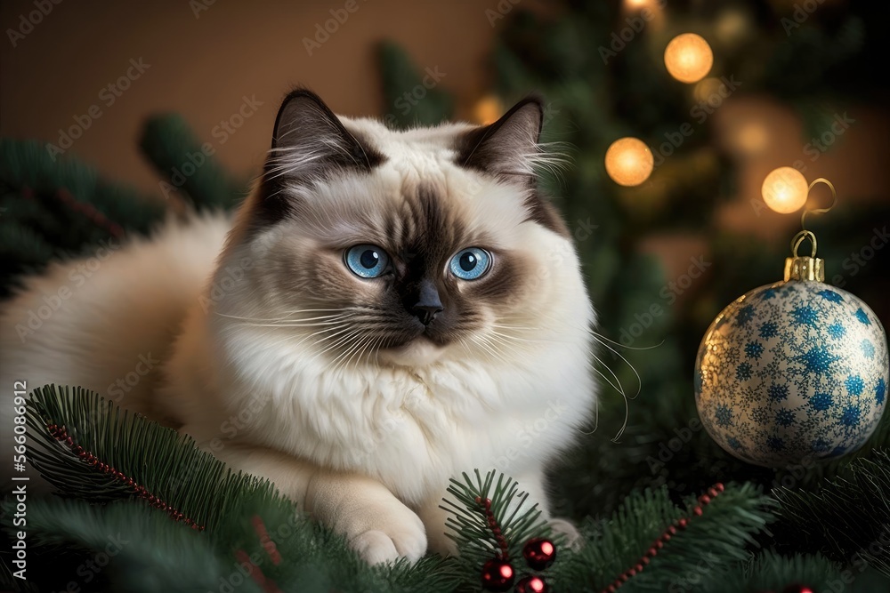 Festive Feline Digital Portrait of a Ragdoll Cat with Christmas Tree - obrazy, fototapety, plakaty 
