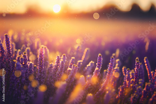 A lavander field in sunset with blurred background. Bokeh effect. Golden Hour, Provence, France. Generative AI. photo