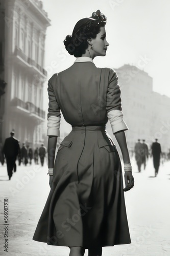 young woman walking in Athens, Greece in 1949. monochromatic vintage. This image was created with generative AI photo