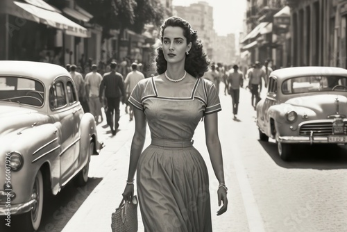 young woman walking in Havana in 1955. monochromatic vintage. This image was created with generative AI	
