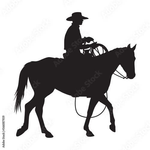 A vector silhouette of a working ranch cowboy riding a horse. The cowboy is holding a lasso rope.