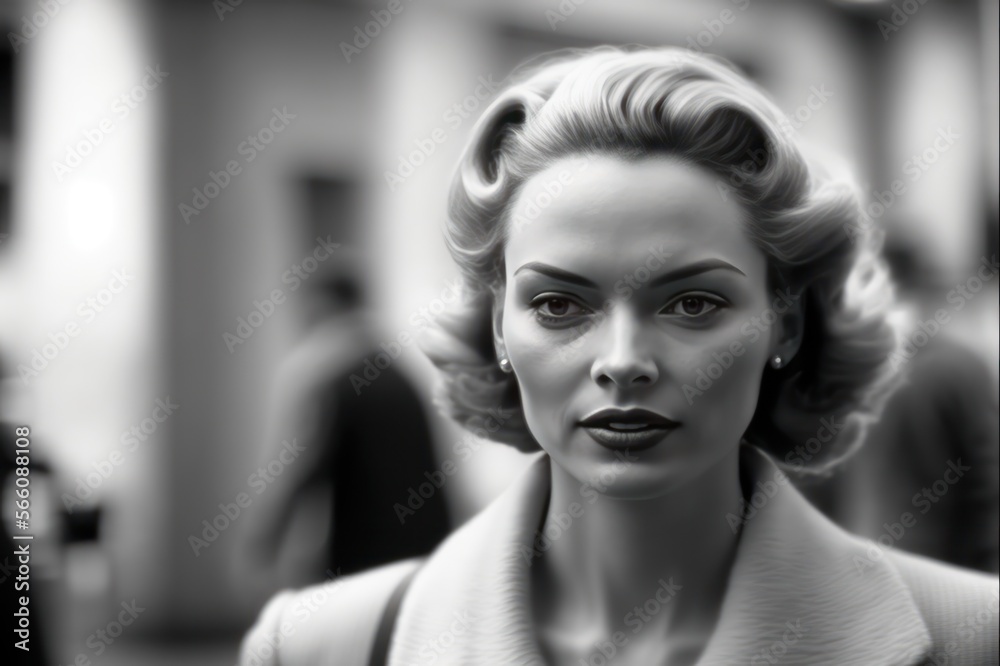 Fototapeta premium young woman walking in Chicago in 1955. monochromatic vintage. This image was created with generative AI