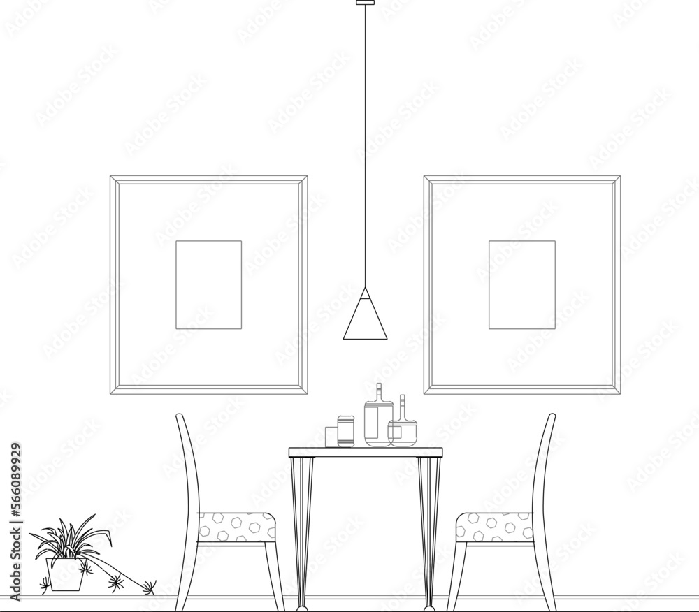 Minimalist dining table interior illustration vector sketch side view Minimalist dining table interior illustration vector sketch side view