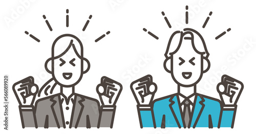 Young male and female businessperson fist pumping [Vector illustration].
