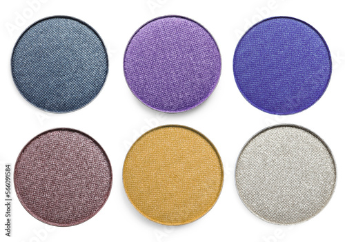 Foto Collage of beautiful different eye shadow refill pans on white background