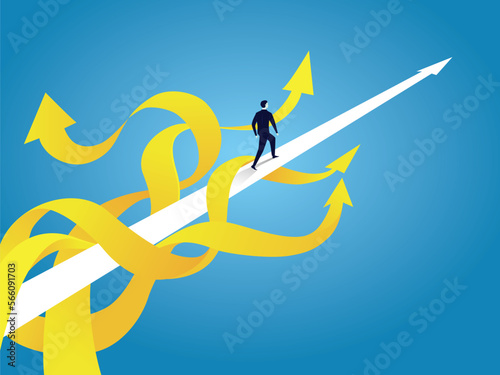 Person walking on straight path ignoring other distraction or obstacles, focus and determination concept