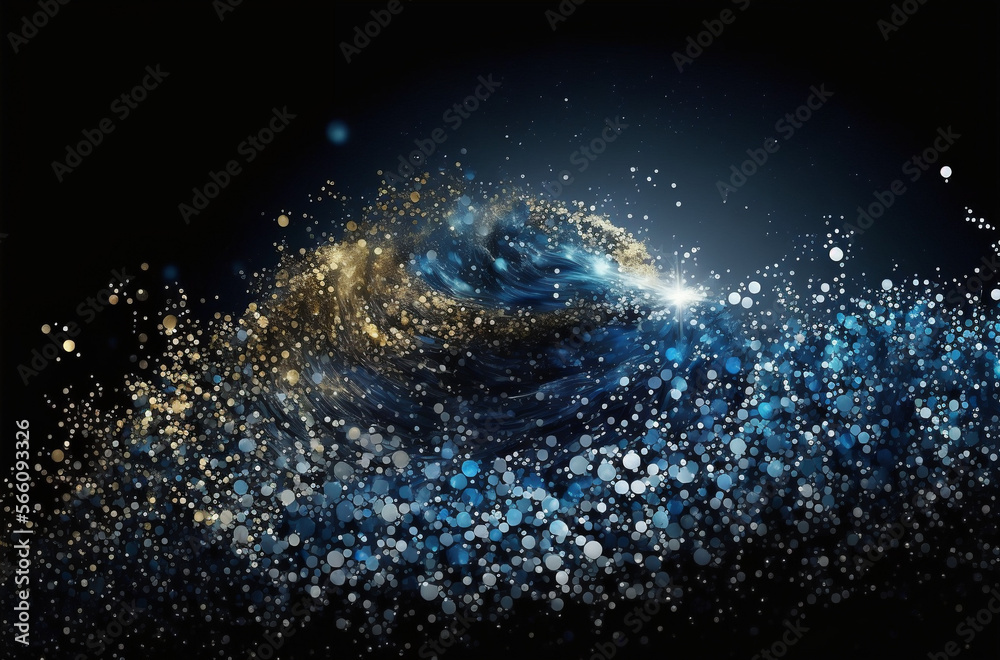 Magical swirl of blue and golden particles. Generative AI.