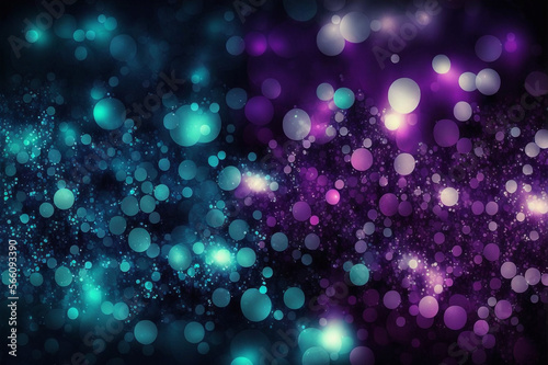 Blurry cyan and violet purple particles in the air black background. Generative AI.