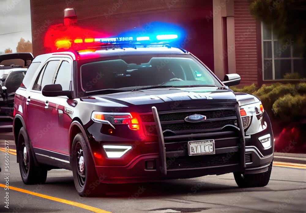 Emergency Response: Police Car with Flashing Lights on the Streets Emergency Response: Police Car with Flashing Lights on the Streets