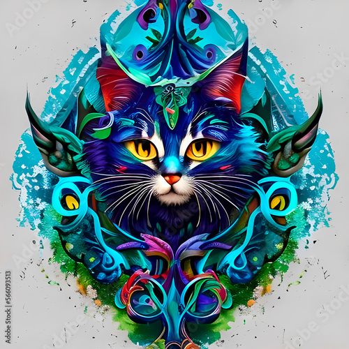 Generative AI  a close-up painted portrait of a cat  a cat painted in different colors  a frame decorated with intricate intricate patterns.