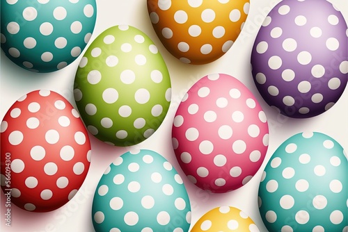 White background with colorful easter eggs with polka dots. Generative AI