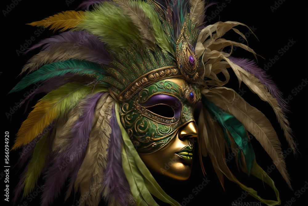 An illustration of a Mardi Gras performer with a beautiful mask. AI generated art.