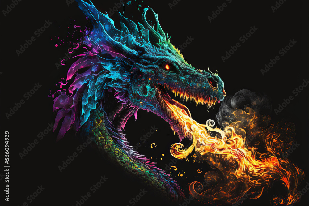 Naklejka premium Rainbow prismatic dragon breathing fire and smoke on a black background. Mythological creature.