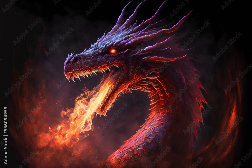Red dragon breathing fire and smoke on a black background. Mythological creature. Red dragon breathing fire and smoke on a black background. Mythological creature.