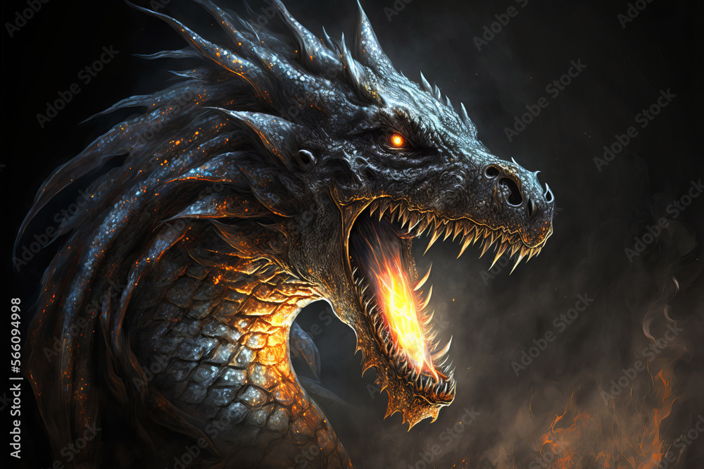 Silver dragon breathing fire and smoke on a black background. Mythological creature. Silver dragon breathing fire and smoke on a black background. Mythological creature.
