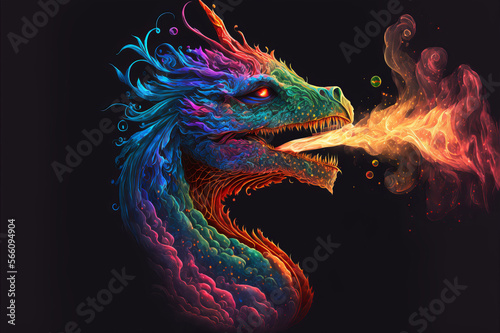 Rainbow prismatic dragon breathing fire and smoke on a black background. Mythological creature.