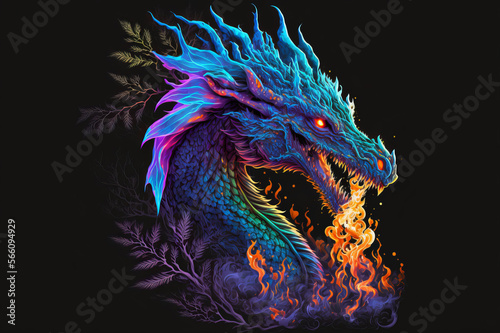 Rainbow prismatic dragon breathing fire and smoke on a black background. Mythological creature.