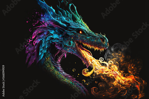 Rainbow prismatic dragon breathing fire and smoke on a black background. Mythological creature. © Mike Schiano