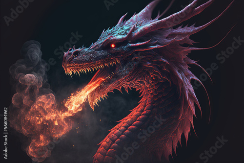 Red dragon breathing fire and smoke on a black background. Mythological creature. © Mike Schiano