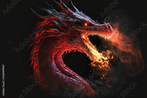 Red dragon breathing fire and smoke on a black background. Mythological creature.