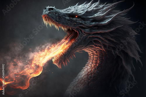 Silver dragon breathing fire and smoke on a black background. Mythological creature.