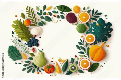 White background with fruits and vegetables, concept of diet and healthy eating. Generative AI