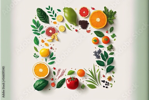 White background with fruits and vegetables  concept of diet and healthy eating. Generative AI