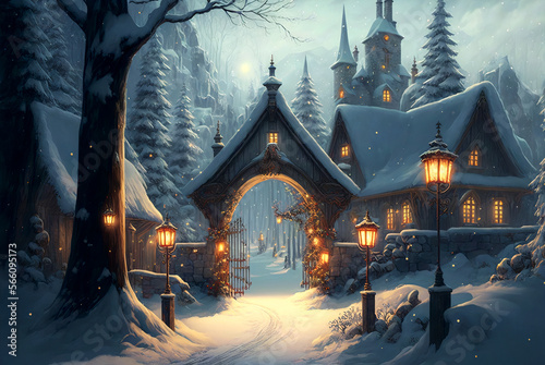Fantasy village with entrance and lanterns winter scene AI Generative 